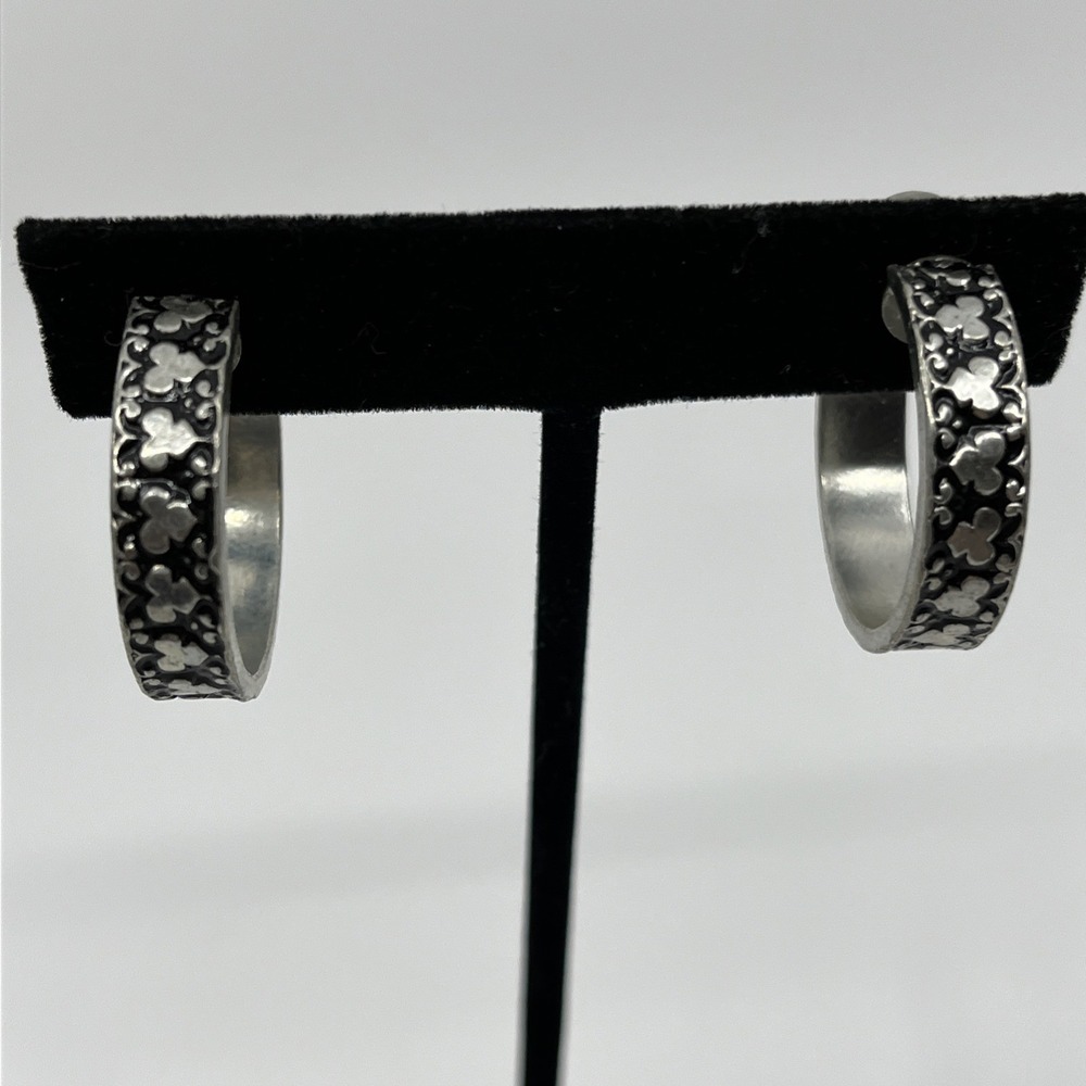L.H. Segal Silver Tone Metal Textured Hoop Clip On Earrings Vtg Heart Mickey